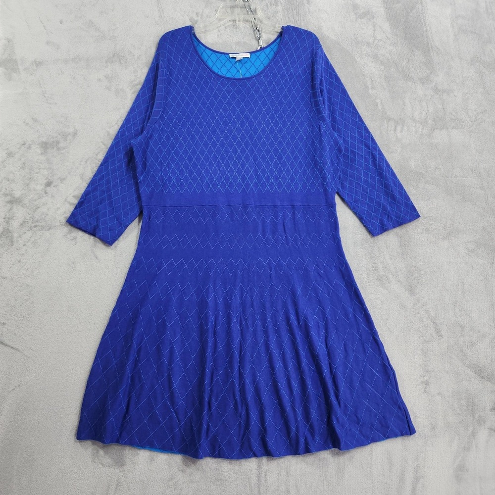 Isaac Mizrahi Live! Dress Womens XL Blue Argyle Sweater Fit & Flare 3/4 Sleeve